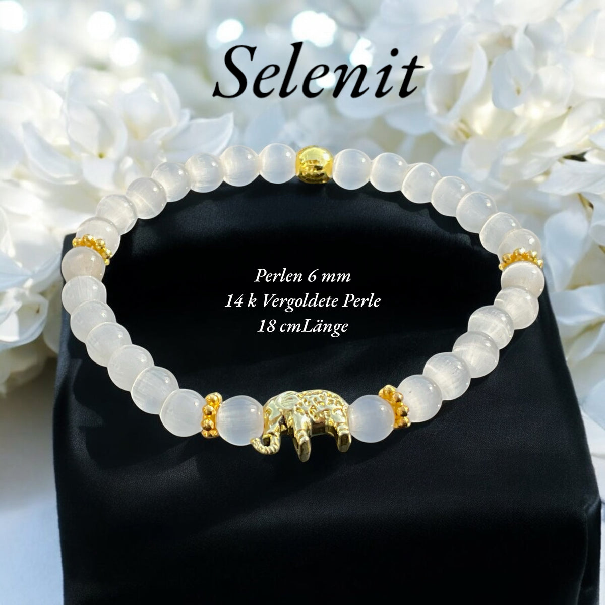 Selenit Edelstein Perlenarmband "Elefant" 6 mm mit 14k vergoldeter Edelstahlperle - Reichtum Erfolg und Glück - Handmade - inclusive edler Geschenkbox -