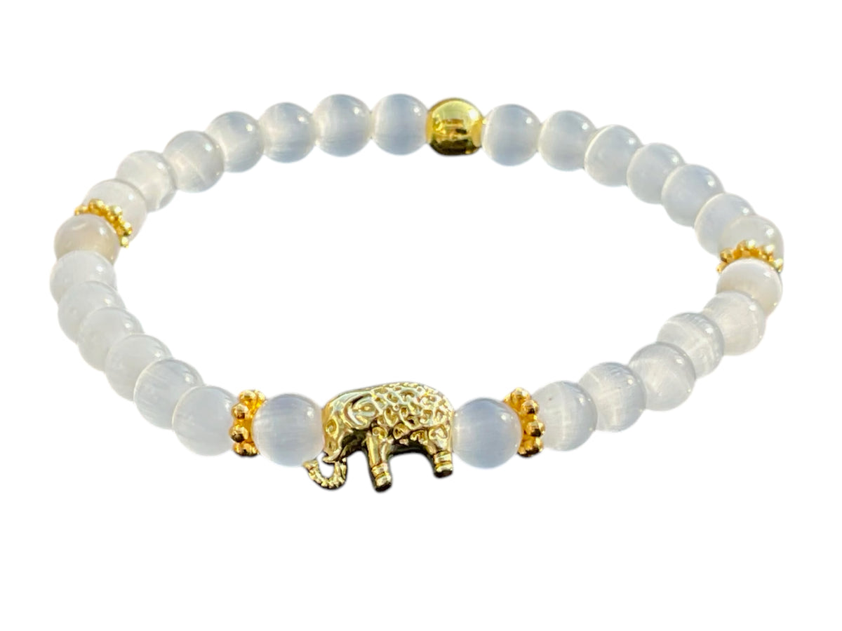 Selenit Edelstein Perlenarmband "Elefant" 6 mm mit 14k vergoldeter Edelstahlperle - Reichtum Erfolg und Glück - Handmade - inclusive edler Geschenkbox -