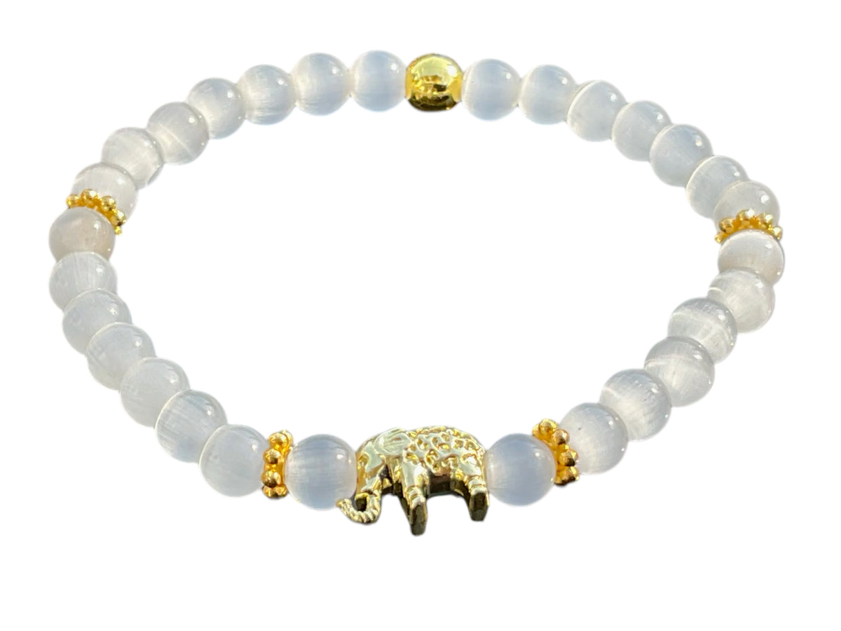 Selenit Edelstein Perlenarmband "Elefant" 6 mm mit 14k vergoldeter Edelstahlperle - Reichtum Erfolg und Glück - Handmade - inclusive edler Geschenkbox -