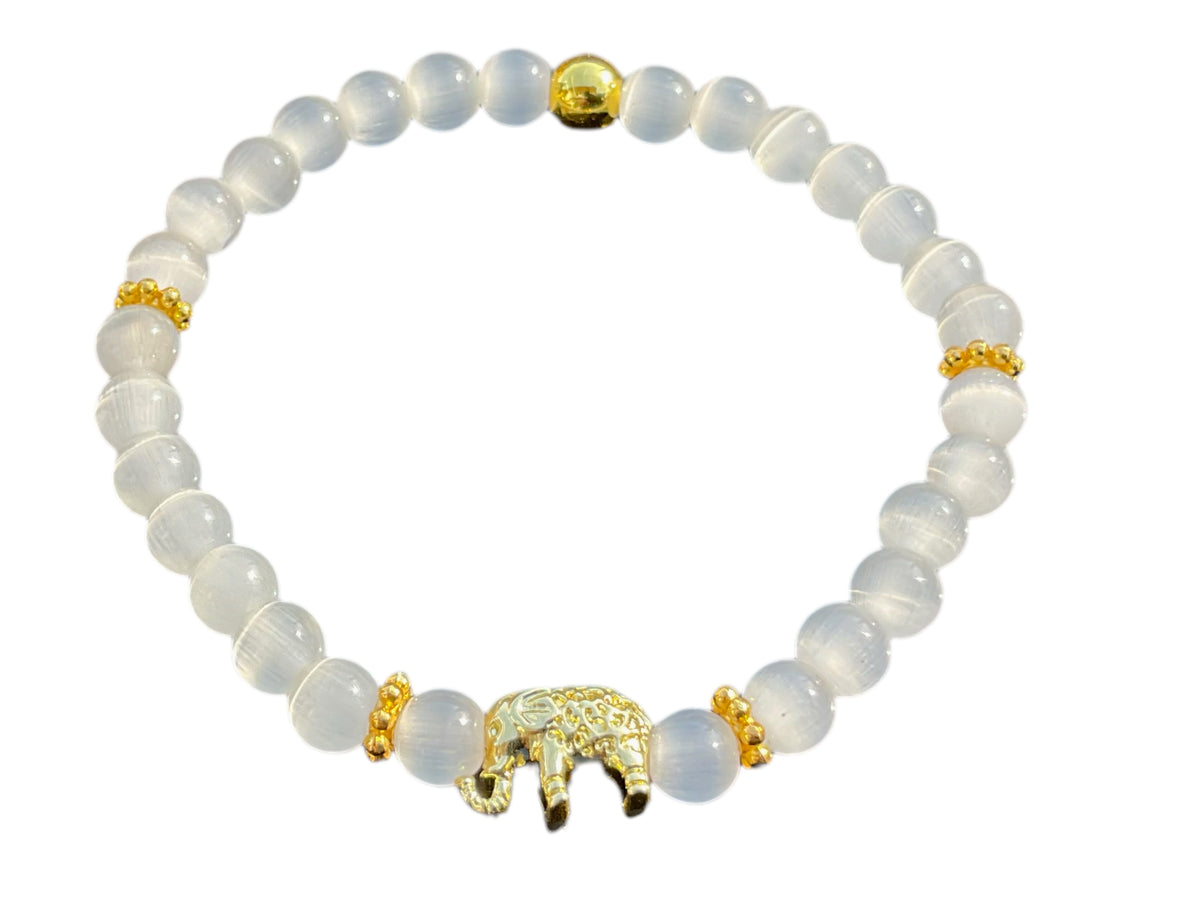 Selenit Edelstein Perlenarmband "Elefant" 6 mm mit 14k vergoldeter Edelstahlperle - Reichtum Erfolg und Glück - Handmade - inclusive edler Geschenkbox -