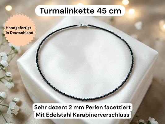 Schwarzer Turmalin (Schörl) Perlenkette – 2 mm facettiert – 45 cm – AAA aus Brasilien – mit Geschenkbox & Edelsteinkarte
