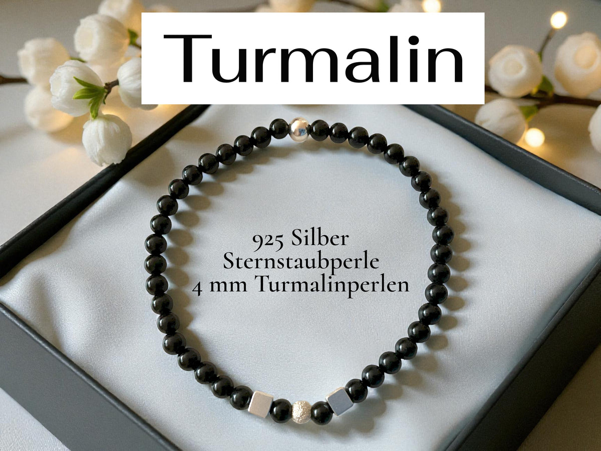 Edelstein Perlenarmband aus schwarzem Turmalin 925 Silberperlen - Hochwertige Heilsteine in 4 oder 6 mm  - handgefertigt - in Geschenkbox - Schutz gegen negative Energien I Brasilien