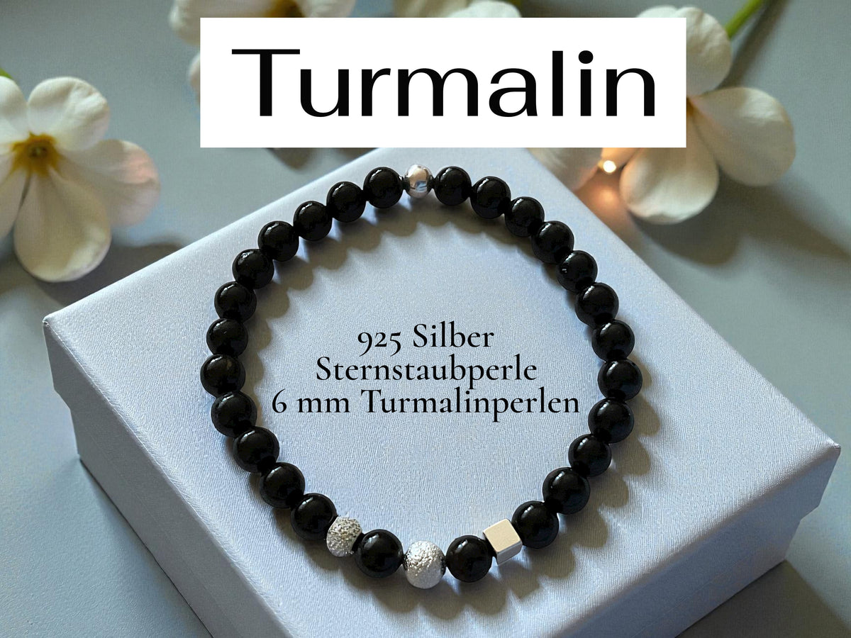 Edelstein Perlenarmband aus schwarzem Turmalin 925 Silberperlen - Hochwertige Heilsteine in 4 oder 6 mm  - handgefertigt - in Geschenkbox - Schutz gegen negative Energien I Brasilien