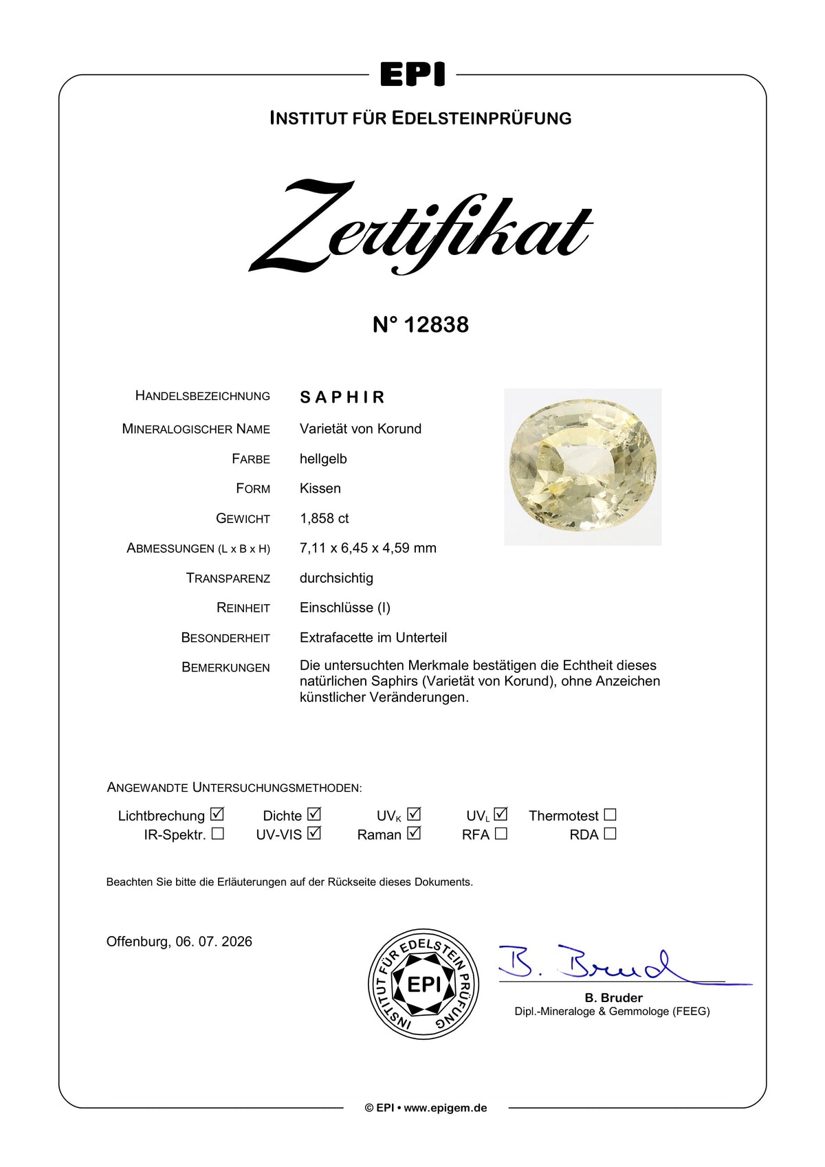 Hellgelber Saphir im Kissenschliff – 1,858 ct echter Korund-Edelstein aus Sri Lanka – 7,11 × 6,45 × 4,59 mm – geschliffenes Unikat mit Zertifikat & Geschenkverpackung - Sammlerstück