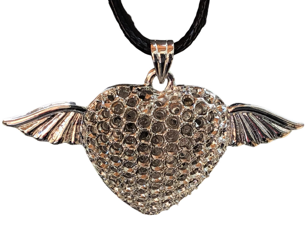 Edelstahlherz Kette Anhänger mit Flügeln - rhodiniert -  "I love Music" - zwei Motive  - Lederband SALE