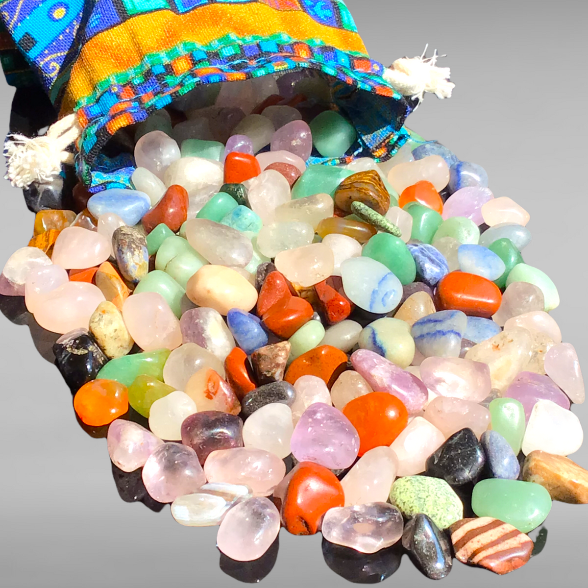Trommelsteine AAA-Qualität im bunten Stoffsäckchen – Größe S / M / L – 150g, 300g oder 500g