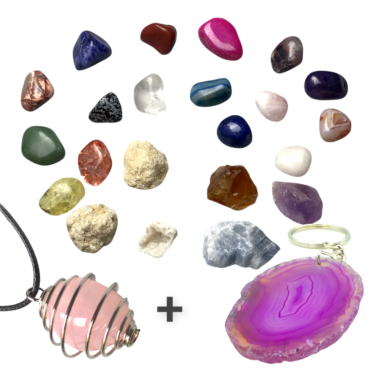 Exclusive Adventskalender Mineralienfüllung mit Geoden zum aufbrechen - 24-teilig- Trommelsteine, Geoden, Rohsteine, Haifischzahn, Achatscheibe