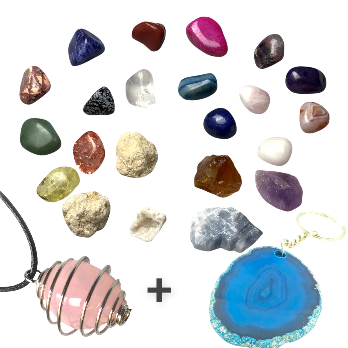 Exclusive Adventskalender Mineralienfüllung mit Geoden zum aufbrechen - 24-teilig- Trommelsteine, Geoden, Rohsteine, Haifischzahn, Achatscheibe