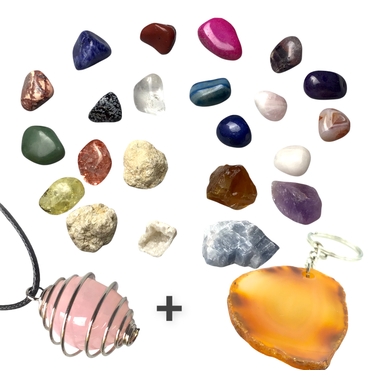 Exclusive Adventskalender Mineralienfüllung mit Geoden zum aufbrechen - 24-teilig- Trommelsteine, Geoden, Rohsteine, Haifischzahn, Achatscheibe