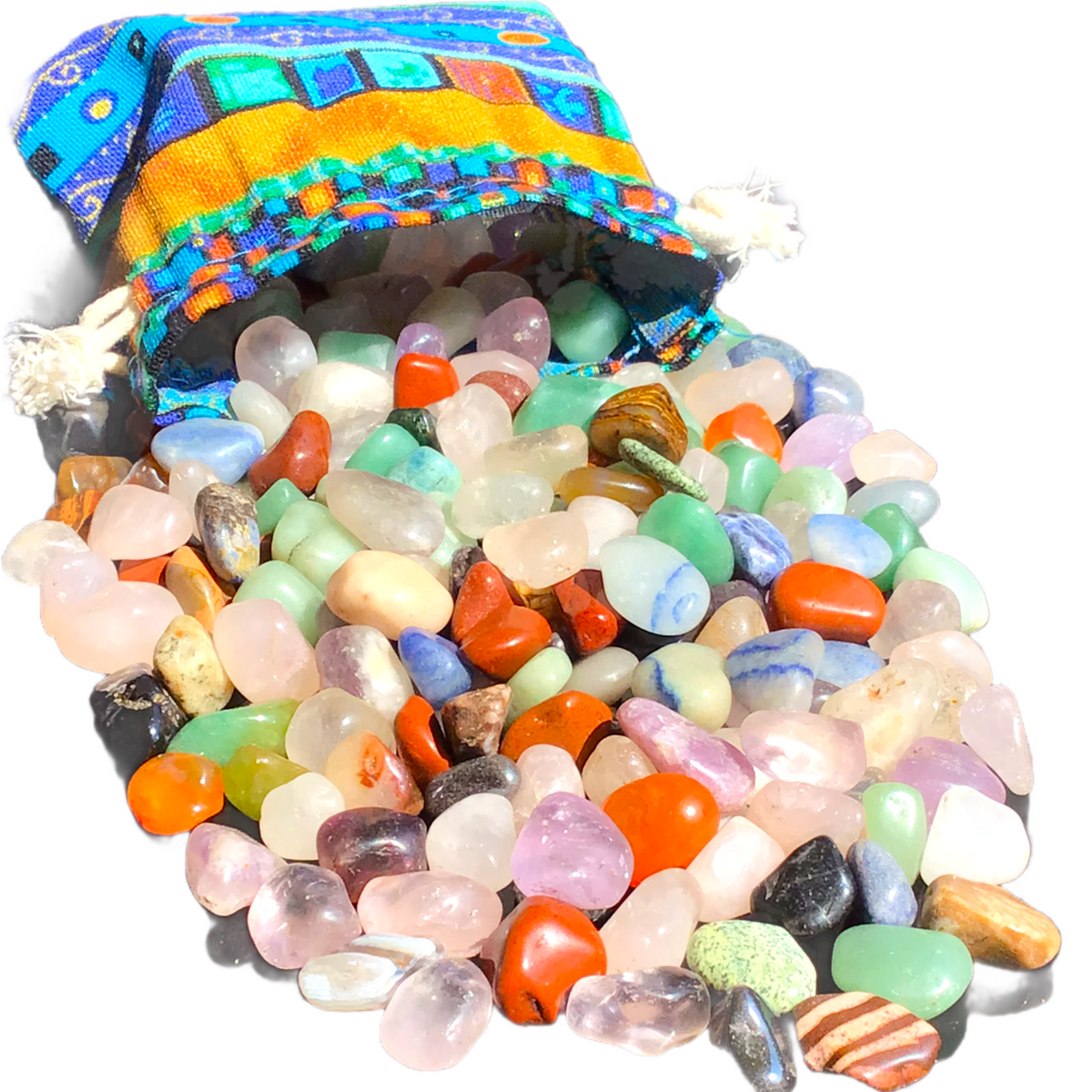 Trommelsteine AAA-Qualität im bunten Stoffsäckchen – Größe S / M / L – 150g, 300g oder 500g