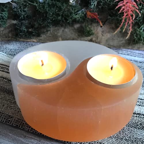 Steinfixx - Yin und Yang Edelstein Teelichthalter aus Selenit weiß und orange