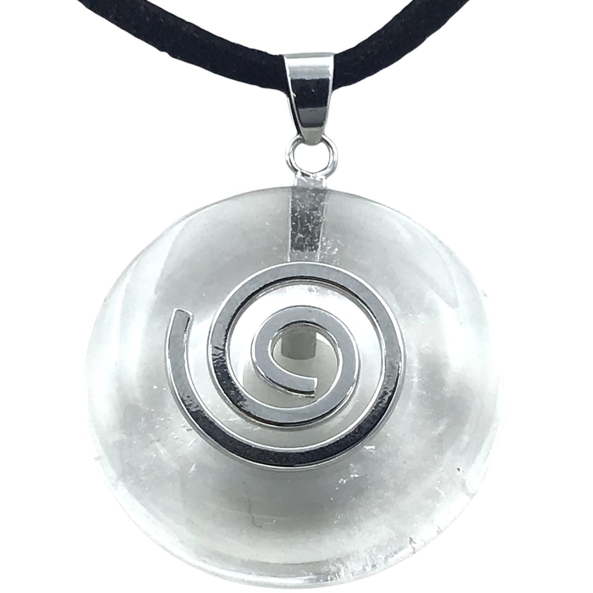 Premium Edelstein-Donut Bergkristall top Qualität optional als Kette mit versilberter oder vergoldeter Spirale und Wildlederband