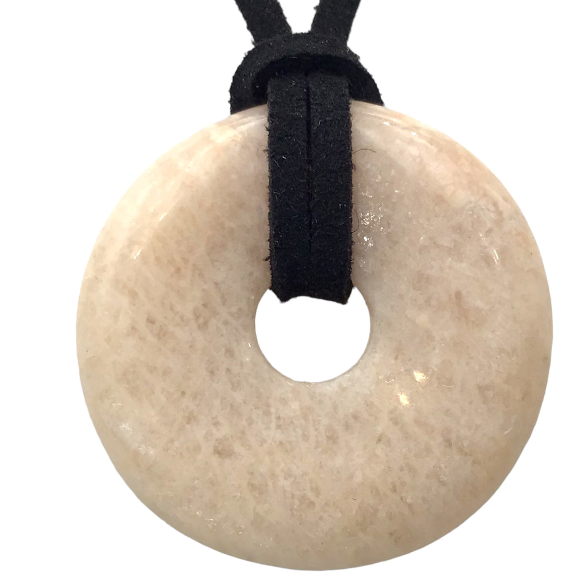 Premium Mondstein Edelstein-Donut optional als Kette mit versilberter oder vergoldeter Spirale und Wildlederband