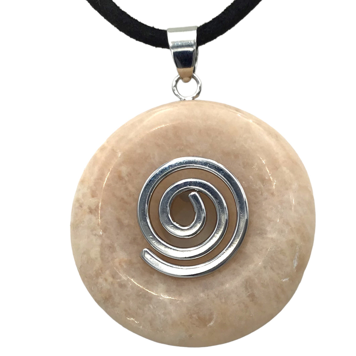 Premium Mondstein Edelstein-Donut optional als Kette mit versilberter oder vergoldeter Spirale und Wildlederband