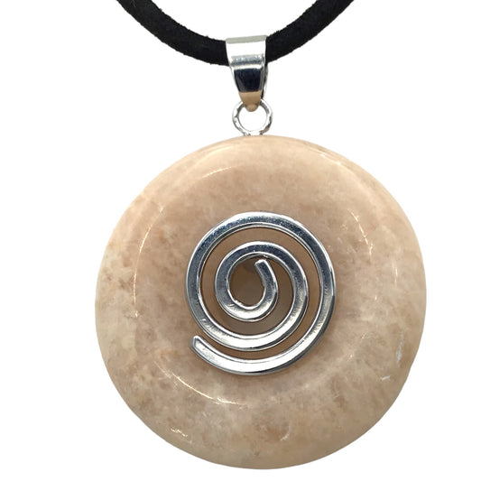 Premium Mondstein Edelstein-Donut optional als Kette mit versilberter oder vergoldeter Spirale und Wildlederband