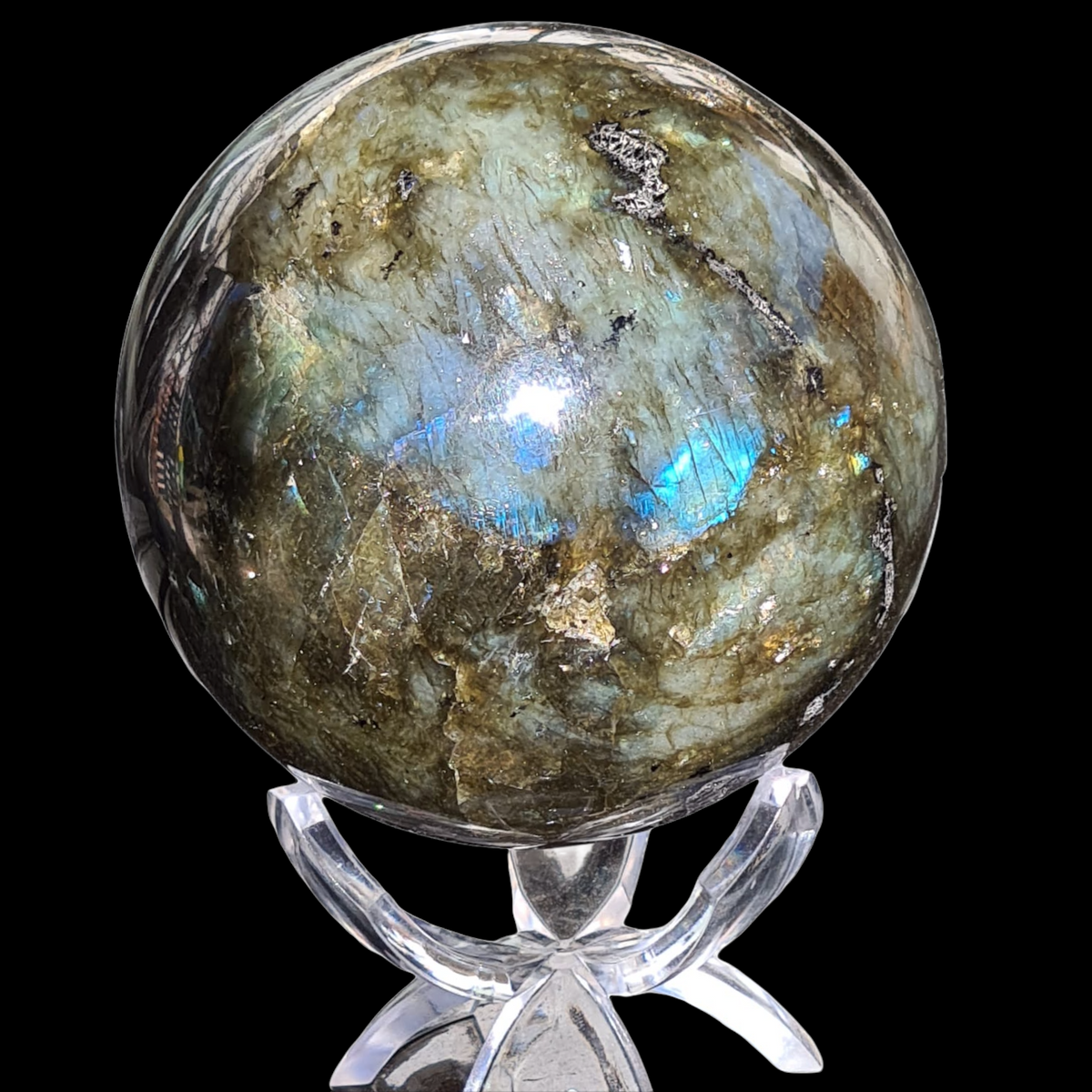 XL Labradorit Kugel mit Ständer| Unikat | 7-8 cm | 600-750 Gramm | A* Qualität I Heilstein I Glücksstein I Chakra-Stein | wunderschöne Formen |