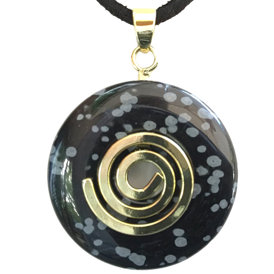 Premium Schneeflockenobsidian Edelstein-Donut optional als Kette mit versilberter oder vergoldeter Spirale und Wildlederband