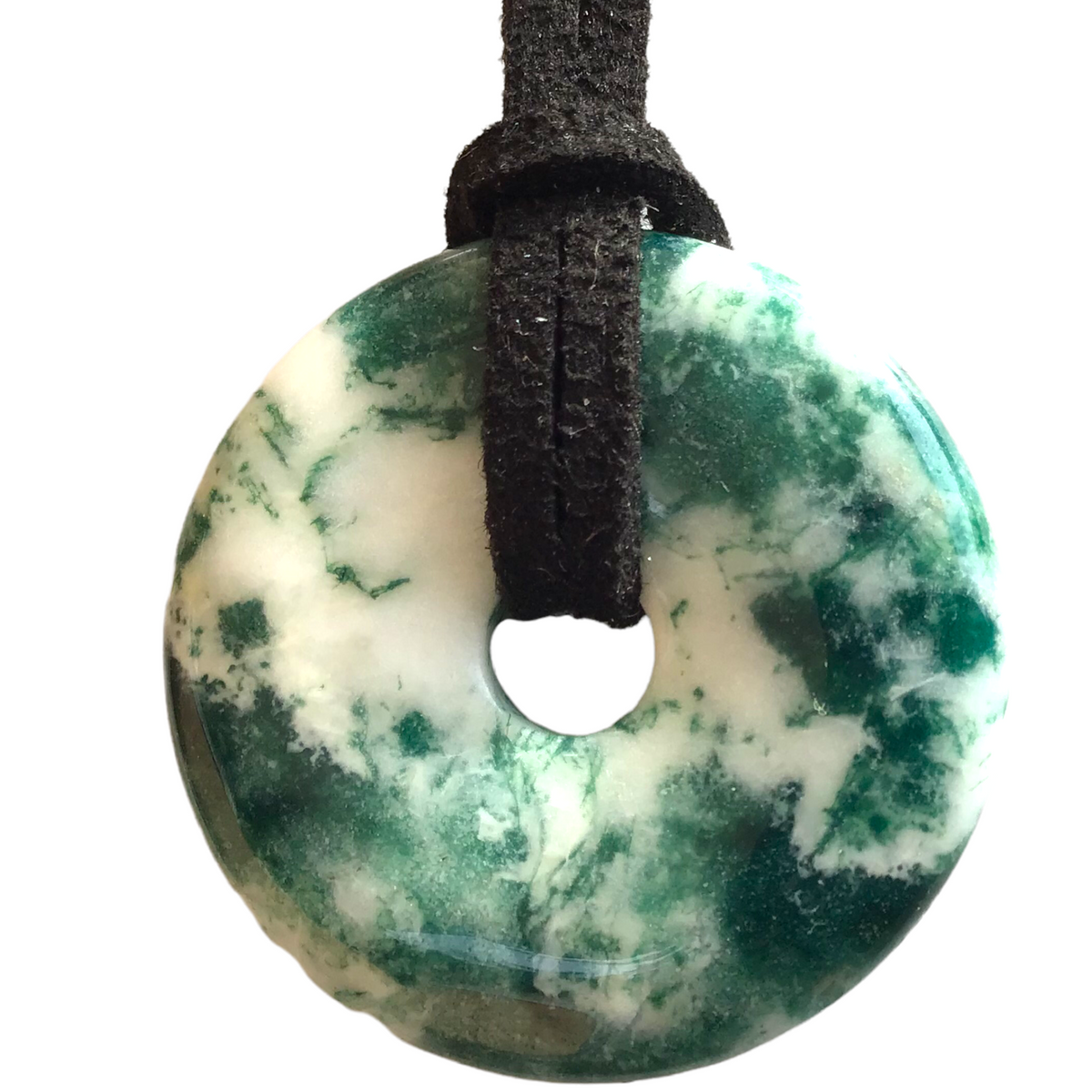 Premium Baumachat Edelstein-Donut optional als Kette mit versilberter oder vergoldeter Spirale und Wildlederband