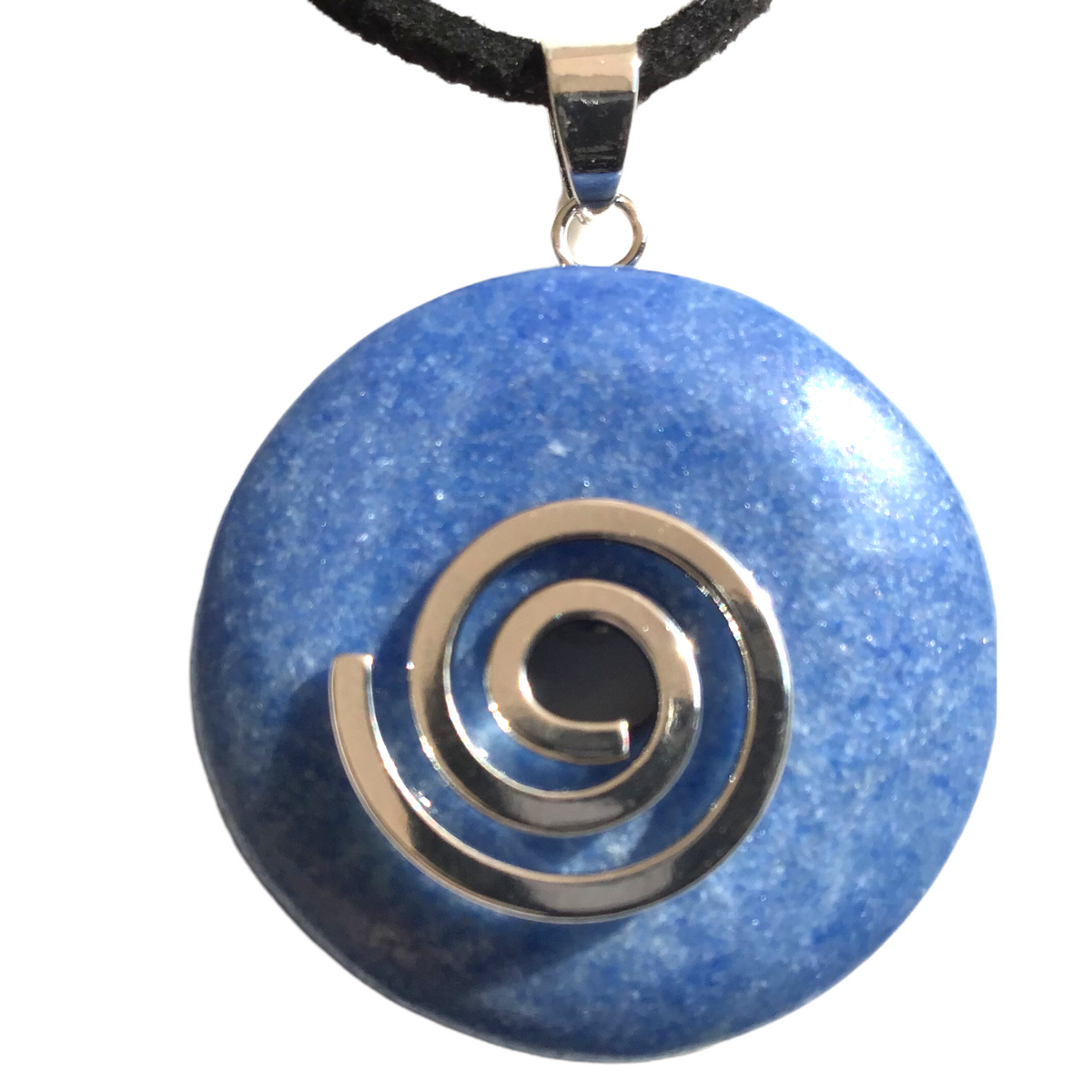 Premium Blauer Aventurin Edelstein-Donut (Blauquarz) optional als Kette mit versilberter oder vergoldeter Spirale und Wildlederband