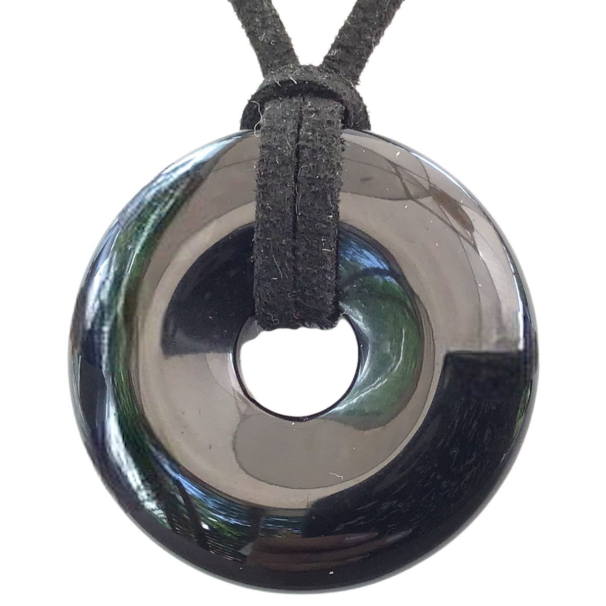 Premium Obsidian Edelstein-Donut optional als Kette mit versilberter oder vergoldeter Spirale und Wildlederband