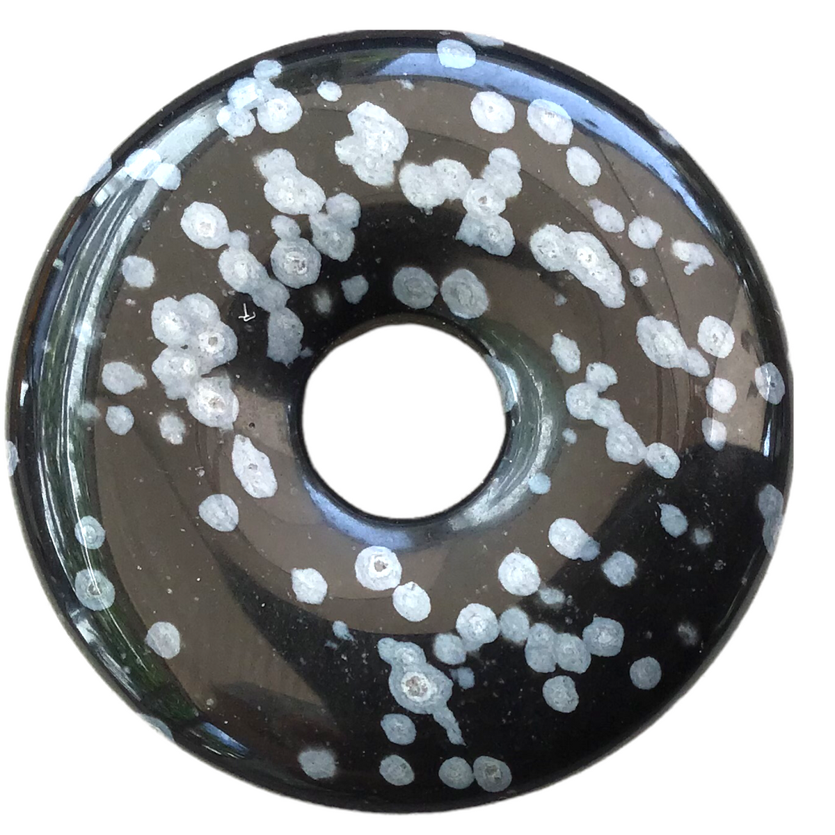 Premium Schneeflockenobsidian Edelstein-Donut optional als Kette mit versilberter oder vergoldeter Spirale und Wildlederband