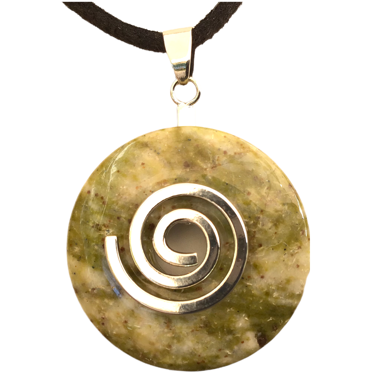 Premium Spinatjade Edelstein-Donut optional als Kette mit versilberter oder vergoldeter Spirale und Wildlederband