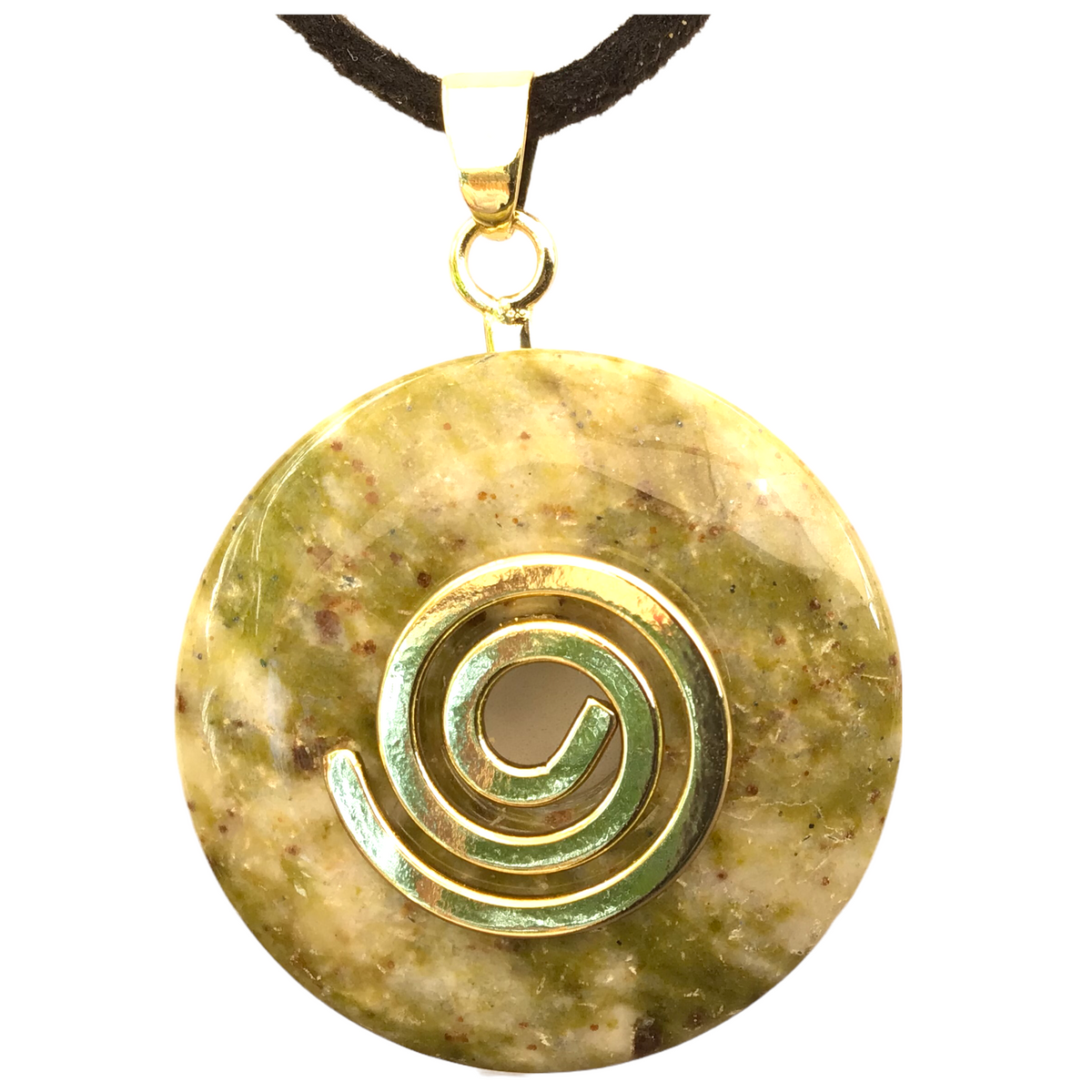 Premium Spinatjade Edelstein-Donut optional als Kette mit versilberter oder vergoldeter Spirale und Wildlederband