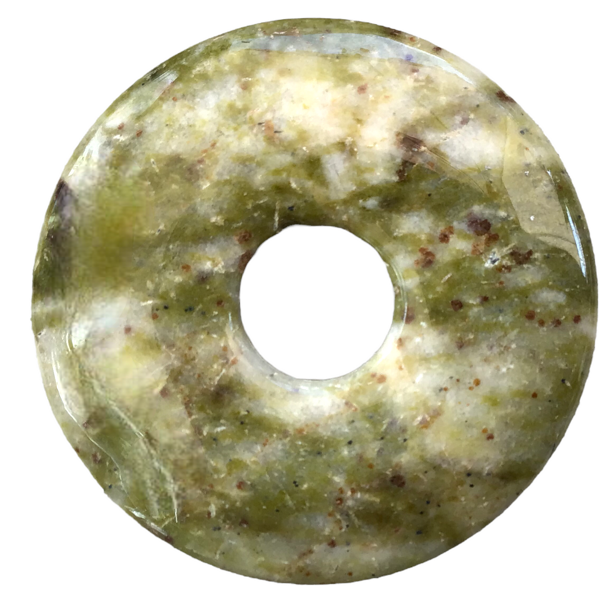 Premium Spinatjade Edelstein-Donut optional als Kette mit versilberter oder vergoldeter Spirale und Wildlederband