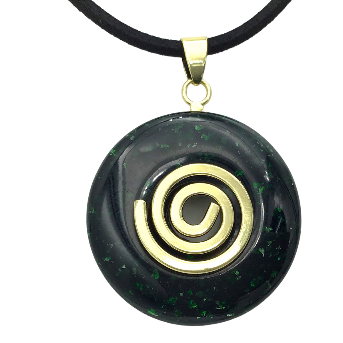 Premium Edelstein-Donut Grünfluss optional als Kette mit versilberter oder vergoldeter Spirale und Wildlederband