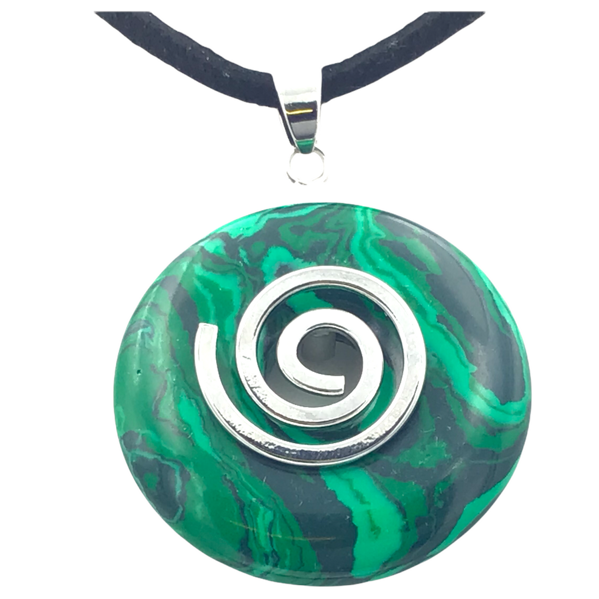 Premium Edelstein-Donut Malachitglas optional als Kette mit versilberter oder vergoldeter Spirale und Wildlederband