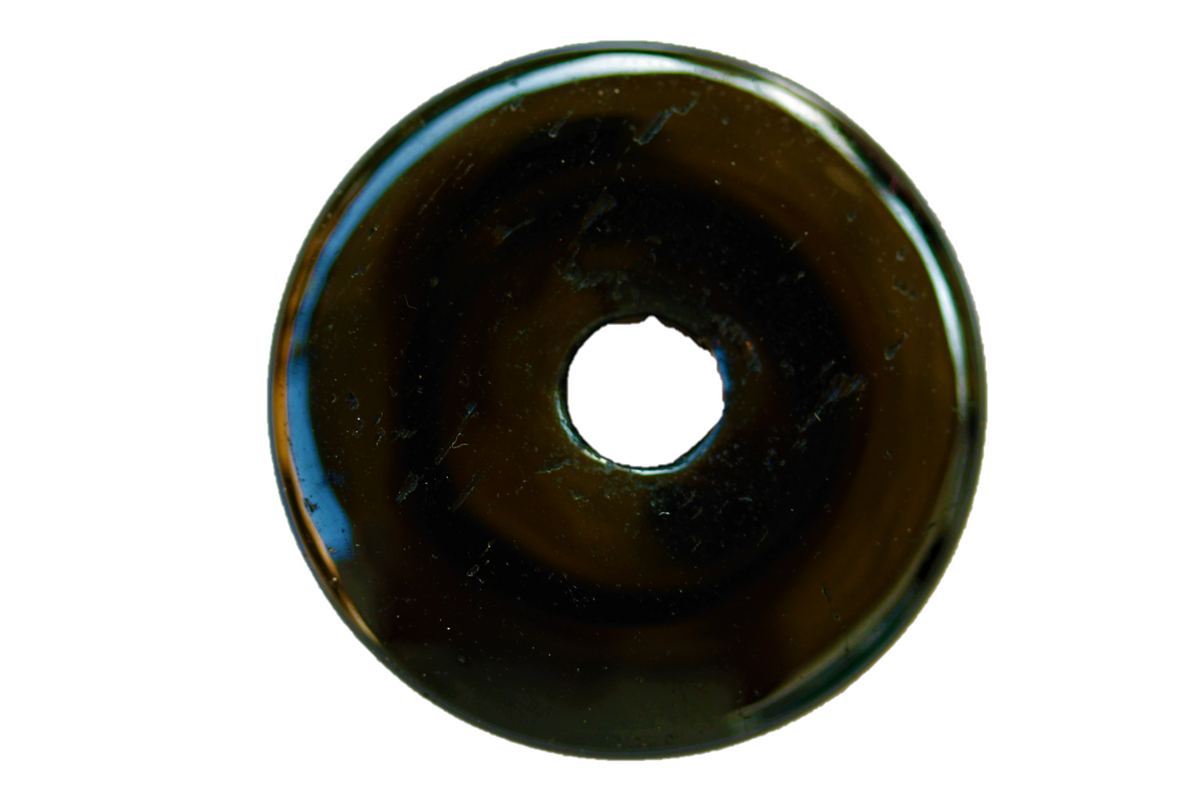 Premium Silberobsidian Edelstein-Donut optional als Kette mit versilberter oder vergoldeter Spirale und Wildlederband