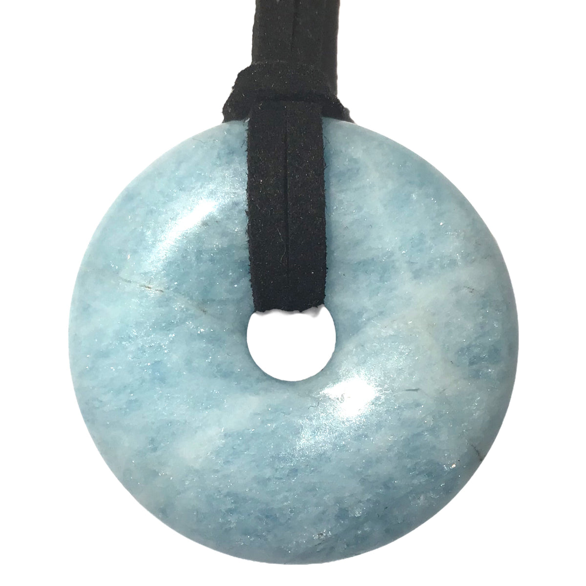 Premium Edelstein-Donut Aquamarin blau optional als Kette mit versilberter oder vergoldeter Spirale und Wildlederband