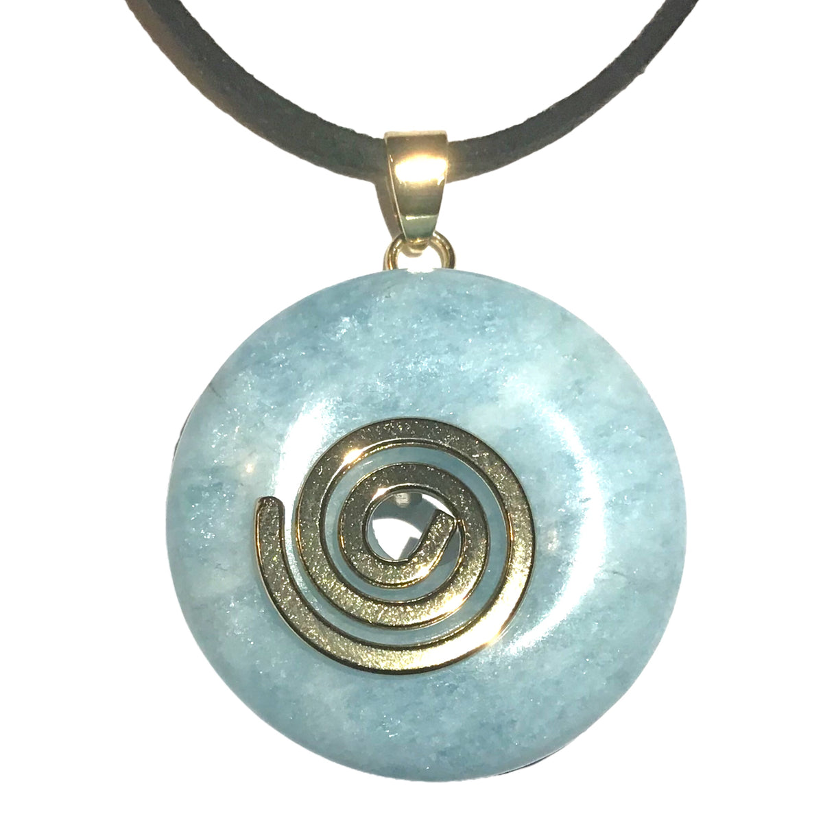 Premium Edelstein-Donut Aquamarin blau optional als Kette mit versilberter oder vergoldeter Spirale und Wildlederband