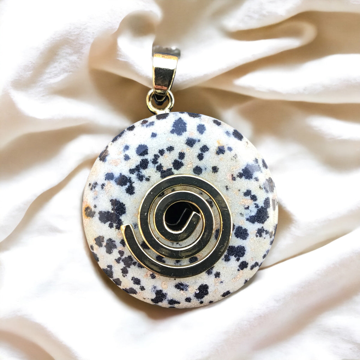 Premium Edelstein-Donut Dalmatiner Jaspis  top Qualität optional als Kette mit versilberter oder vergoldeter Spirale und Wildlederband