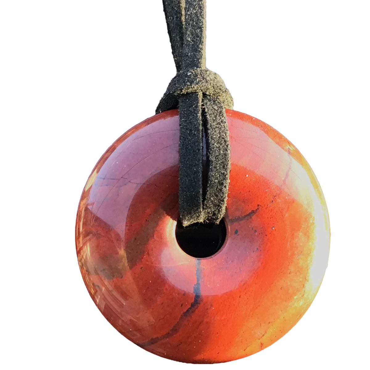 Premium Mahagoni Obsidian Edelstein-Donut optional als Kette mit versilberter oder vergoldeter Spirale und Wildlederband