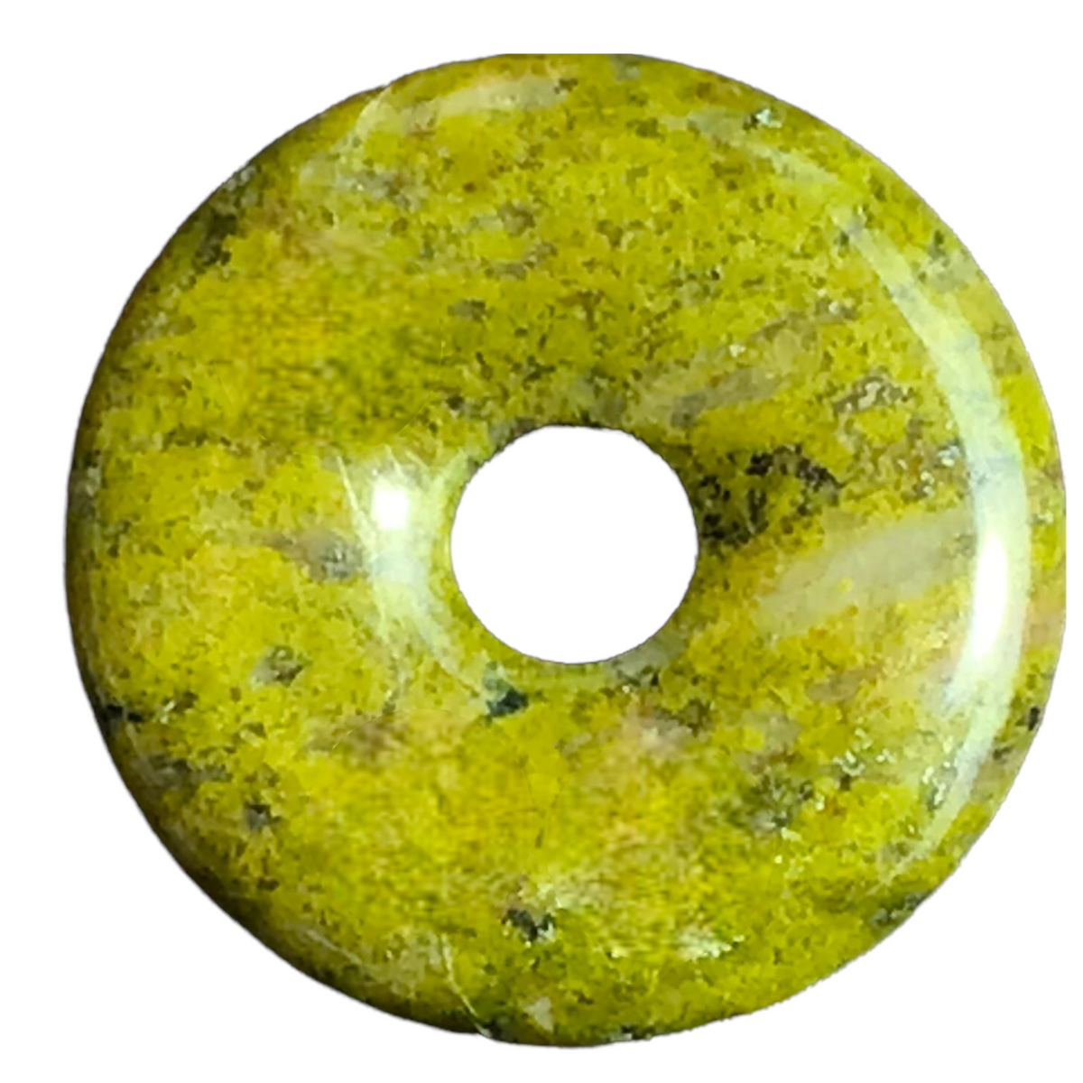 Edelstein-Donut Epidot optional als Kette mit versilberter oder vergoldeter Spirale und Wildlederband I Brasilien