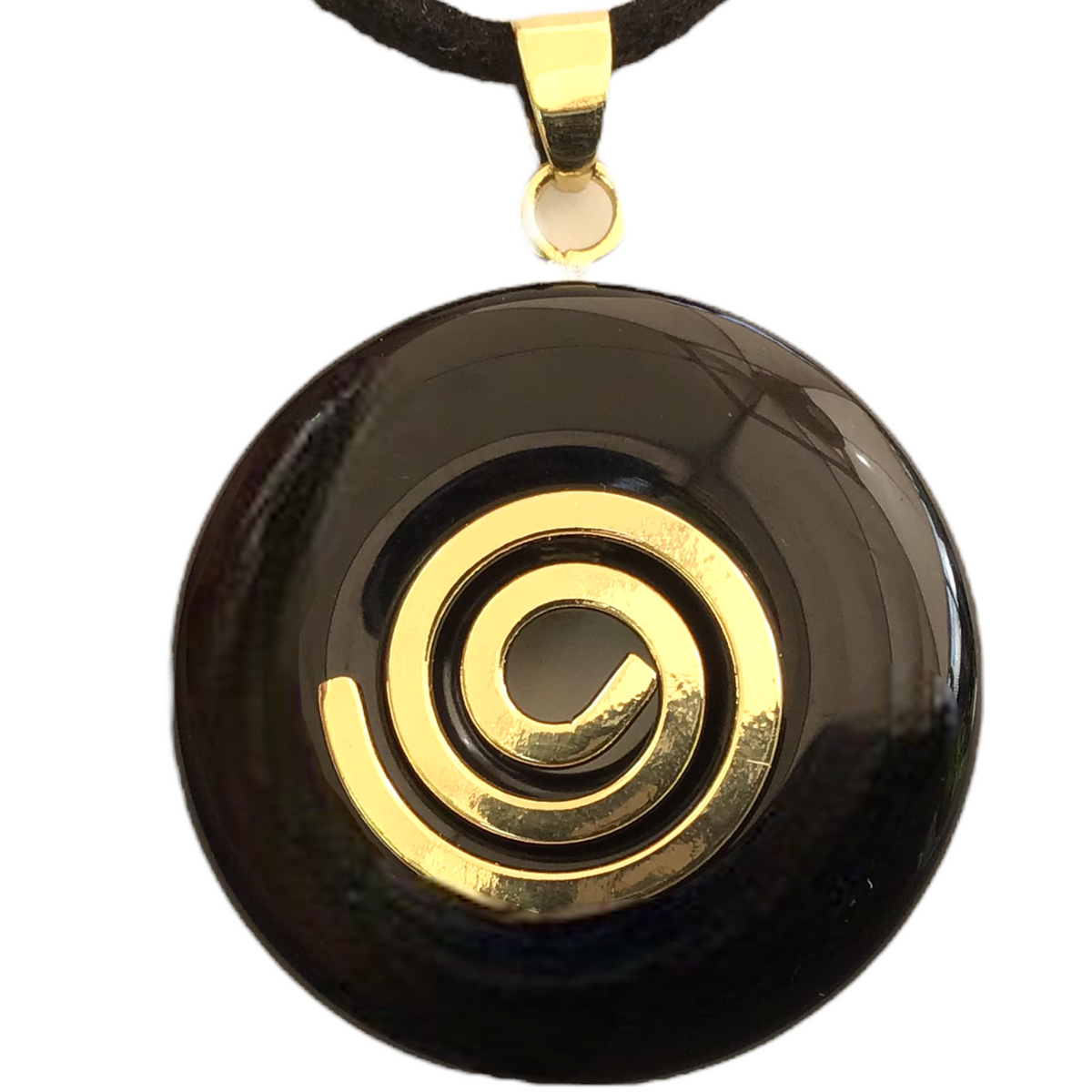 Premium Onyx Edelstein-Donut optional als Kette mit versilberter oder vergoldeter Spirale und Wildlederband
