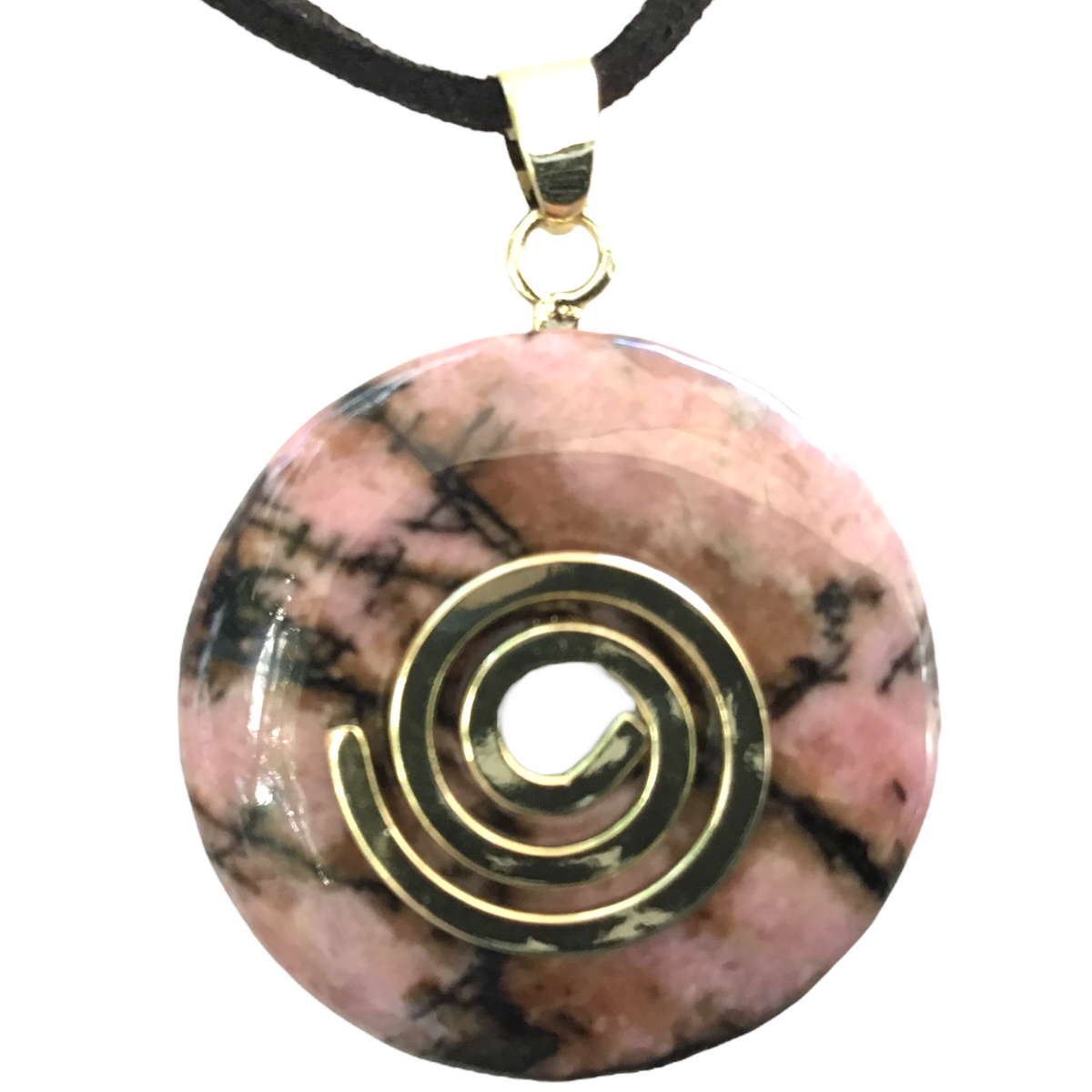 Premium Edelstein-Donut Rhodonit optional als Kette mit versilberter oder vergoldeter Spirale und Wildlederband
