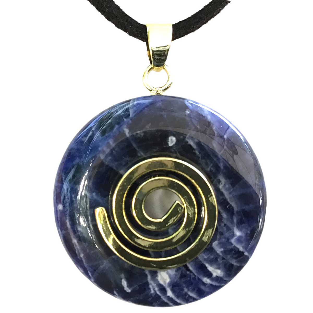 Premium Edelstein-Donut Sodalith optional als Kette mit versilberter oder vergoldeter Spirale und Wildlederband